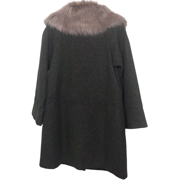 Maison Cherie Green Black 100% Wool Geo Print Coat With Fur Collar - Picture 2 of 11
